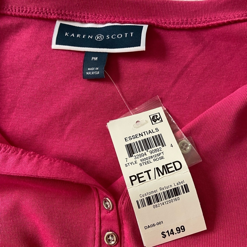 Karen Scott NWT Henley Short Sleeve Top Hot Pink Silver Buttons Size PM - Picture 4 of 12